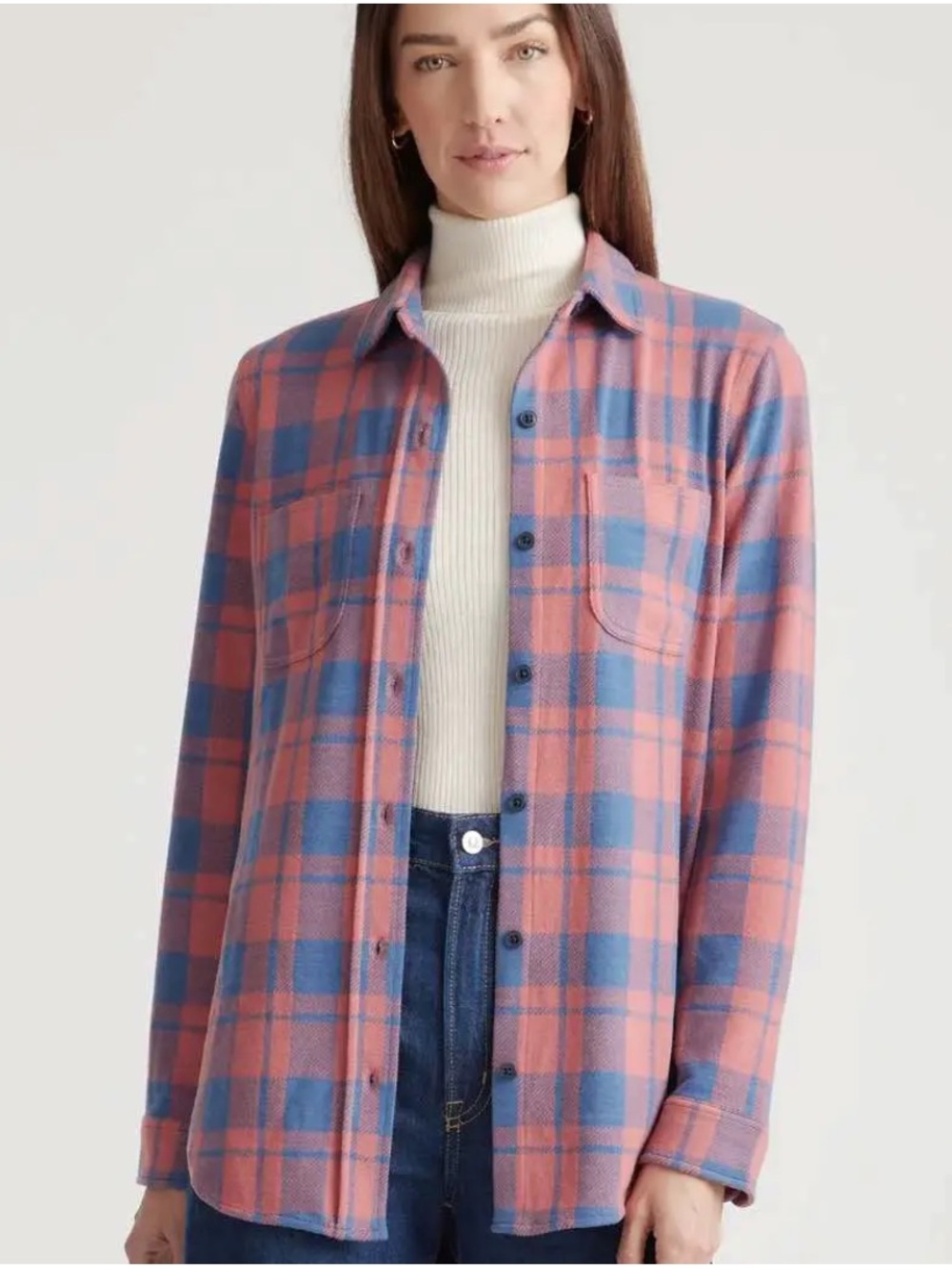 Quince Stretch Sweater Fleece Shirt Button Front Plaid Oatmeal Check M